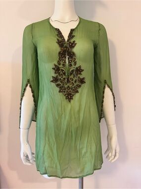 INCA Light Green Embellish Rhinestones Chiffon Silk Top Tunic Blouse Size S